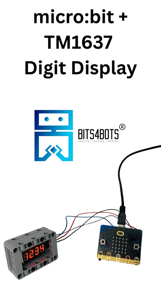 Micro:bit connected to TM1637 display with alligator clip wires and Technical Block enclosure