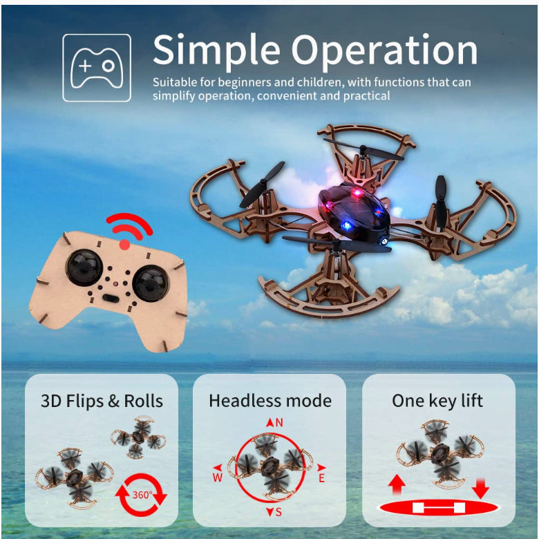 XYQ-6 DIY Wooden Drone with HD Camera (App) - For Kids age 14+ or Beginner 2.4GHz RC Quadcopter with altitude hold，Headless Mode，3D Flip and One Key lift